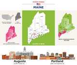 Fototapeta Londyn - Maine counties map and congressional districts since 2023 map. Augusta (state's capital city) and Portland (state's most populous city) skylines. Vector set