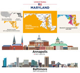 Fototapeta Londyn - Maryland counties map and congressional districts since 2023 map. Annapolis (state's capital city) and Baltimore (state's most populous city) skylines. Vector set