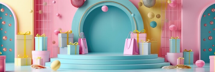 Wall Mural - This image depicts an elevated,round 3D stage or podium set against a vibrant pastel-toned background The stage is adorned with various gift boxes and stylish shopping bags in complementary pastel