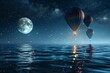Celestial art capturing balloons as they ascend over moonlit waters creating a pathway of light that bridges the sea to the heavens
