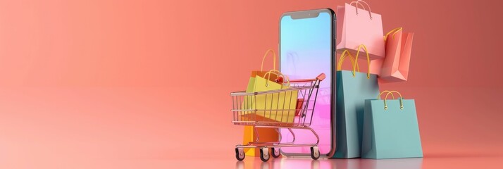 Poster - A 3D-rendered scene depicting a smartphone with a shopping trolley and various bags floating around it,all set against a pastel-colored background This image represents the concept of online shopping