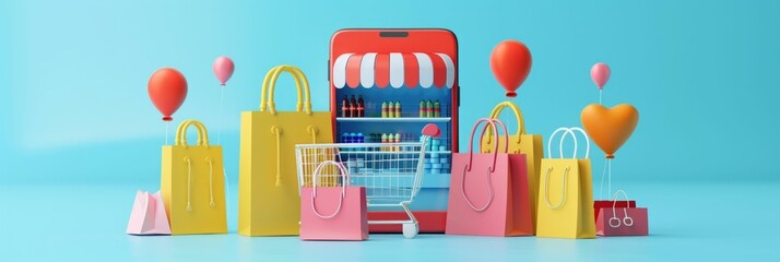 Poster - This captivating image showcases a digital storefront displayed on a 3D smartphone screen,surrounded by an array of colorful shopping bags and a trolley,emphasizing the allure of discounts