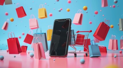 Poster - This dynamic 3D scene showcases a smartphone at the center,surrounded by a flurry of flying shopping bags and a shopping cart,creating a visually engaging representation of the excitement and allure