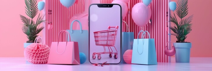 Poster - This vibrant 3D-rendered scene depicts a smartphone with a floating shopping cart and bags against a pastel-colored background,conveying a modern,minimalist aesthetic for an online shopping concept