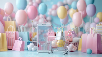 Poster - This image depicts a playful and imaginative 3D-rendered shopping scene,featuring a smartphone,shopping cart,and various colorful bags set against a whimsical pastel-colored environment The scene is