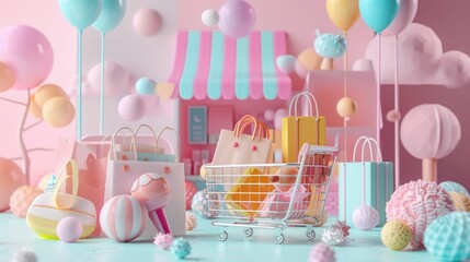Poster - This visually stunning image depicts a whimsical 3D-rendered shopping scene set in a pastel-hued,fantastical environment The scene features a shopping cart,various shopping bags,and a prominent