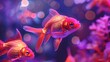 Digital art depicting a school of goldfish each one shimmering with an inner light turning the dark waters into a canvas of moving glowing art