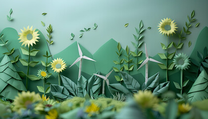 Wall Mural - Eco system in origami paper style, promoting clean energy and sustainability for Earth Day.