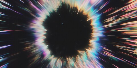 Wall Mural - A central explosion of black surrounded by radial bursts of white, pink, and blue fibers, suggesting a cosmic event or a high-energy particle collision.