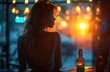 woman drinking in a bar surrounded by alcoholic beverages