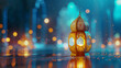 Golden Islamic lantern in the night with bokeh effect background