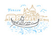 Architecture of Venice with a gondola on the water. Vector hand drawn linear illustration