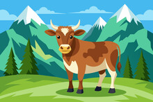 Alpine Cow Against The Background Of Green Mountains. Summer Time. Vector Image.
