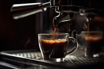 Espresso pours into a cup, warm ambiance.
