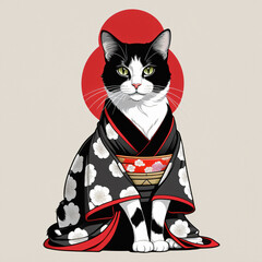 Illustration of a cat wearing a Japanese kimono on a light background