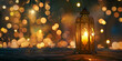 Eid Mubarak and Ramadan Kareem Islam holy month Arabic lantern and burning candle at night Muslims with glitter backround
