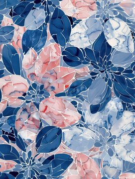 Pink blue floral mosaic wall mural, in the style of monochromatic ink washes, blue and white glaze.