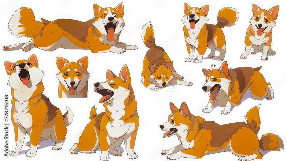 A set of cartoon dog can be depicted from various angles and in ...