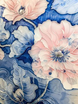 Pink blue floral mosaic wall mural, in the style of monochromatic ink washes, blue and white glaze.