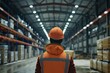 A man in a safety vest stands in a large warehouse