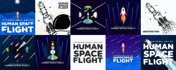 Wall Mural - International Day of Space Human Flight Poster Card Set, celebrated on April 12. Yuri's night. Cartoon illustration style, doodle, origami. Rocket flying into space. Vector Illustration. 