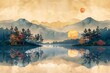 Hand-painted, Chinese style, artistic conception landscape painting with golden texture. Modern art. Prints, wallpapers, posters, murals, carpets.