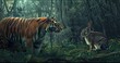 tiger facing a rabbit in the forest wallpaper
