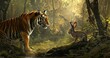 tiger facing a rabbit in the forest wallpaper