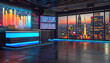 © Lila Patel - Financial and Business Talk Show Studio: A professional set with a sleek desk, financial charts on screens, and a backdrop featuring a city skyline or stock market graphics