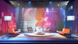 Fashion Runway Talk Show Set: A glamorous set resembling a fashion runway, with stylish furniture, lighting effects, and a backdrop featuring fashion show visuals