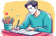 Young Asian man drawing, writing, preparing a project, doing homework for a student, concept of working from home, freelancing, studying in college, studentship, illustration