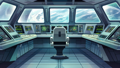 Sci-Fi Spaceship Bridge: A futuristic spaceship bridge set with control panels, captain's chair, and viewscreens for sci-fi series