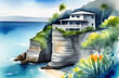 cottage, house on a tropical beach. Island resort with a house on a cliff, on the ocean, sea, palm trees and ocean landscape, watercolor illustration