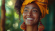 Woman beauty concept. Smiling positive black woman with beautiful smile, white teeth, perfect skinn, curly hair, big earnings and headscarf is enjoying the moment. Selective focus. Nature background 