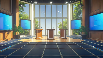 Wall Mural - Game Show Boardroom: A boardroom-style set with conference table, screens, and contestant podiums for game show discussions