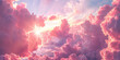 The sun rising through a sky of pink clouds in a style that merges whimsical anime, high-angle views, and meticulously crafted scenes.