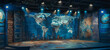 A stage with a world map and 3d light in a style that blends journalistic cartoons, navy and aquamarine hues, and lifelike accuracy.