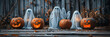 Halloween ghosts standing around pumpkins are portrayed in a style that includes rustic still lifes, horror, and dry wit humor.