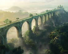 Aqueducts Leading To Babylon's Gardens, Lush Landscape Below, Morning Mist, Aerial View, Engineering Brilliance