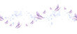 Butterflies delicate violet on blue splashes, seamless border, pattern. Spring horizontal banner. Hand drawn watercolor illustration flying insect. Template for invitation, wallpaper, covers, textile