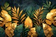 Gold decoration art wallpaper features golden leaves, a bamboo plant and plants in curvature of the line, and a green background.