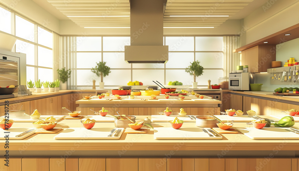 Culinary School Kitchen A culinary school set with cooking stations ...