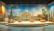 Travel and Culture Talk Show Studio A worldly set with cultural artifacts, travel souvenirs, and a backdrop featuring iconic landmarks from around the globe