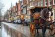 A horse-drawn carriage transporting tourists along cobblestone streets lined with charming, centuries-old buildings, the clopping of horse hooves creating a rhythmic soundtrack