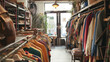 Warm-toned photo showcasing a charming vintage clothing store with racks of retro fashion