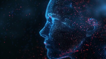 Fototapete - Generative AI : Abstract digital human face. Artificial intelligence concept of big data or cyber security. 3D illustration