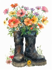 Wall Mural - A painting of a pair of boots with flowers in them