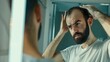 Generative AI : Latino person with beard grooming in bathroom. White metrosexual man worried for hair loss and looking at mirror 