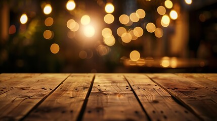 Poster - Generative AI : empty wooden table on blurred light gold bokeh of cafe restaurant on dark background