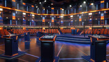 Fototapeta Do akwarium - Game Show Set: An elaborate game show set with podiums, buzzers, and a large audience area, ready for contestants to compete